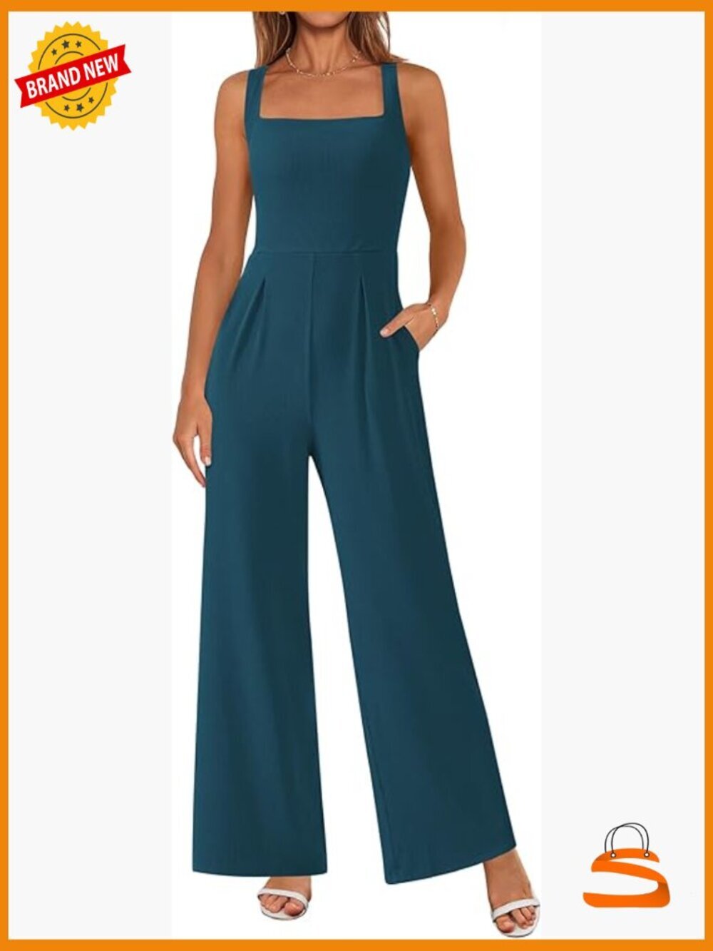 Sleeveless Square Neck Jumpsuit Dressy Wide Leg Romper Stretchy Knit M-L